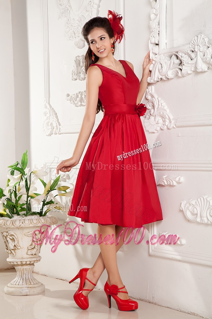 V-neck Red Knee-length Hand Made Flowers Prom Dress Under 100