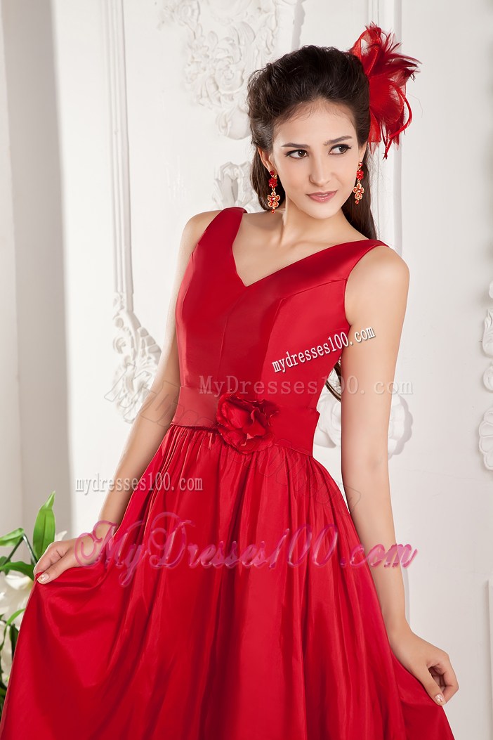 V-neck Red Knee-length Hand Made Flowers Prom Dress Under 100