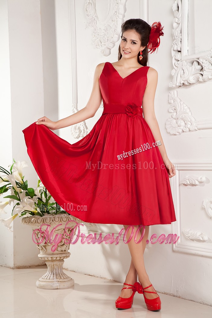 V-neck Red Knee-length Hand Made Flowers Prom Dress Under 100
