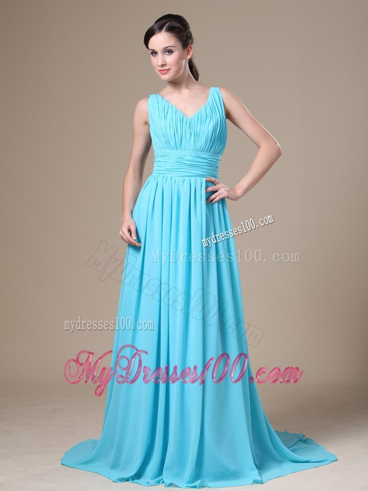 Aqua Blue V-neck Ruched Bodice For Modest Prom Formal Dress
