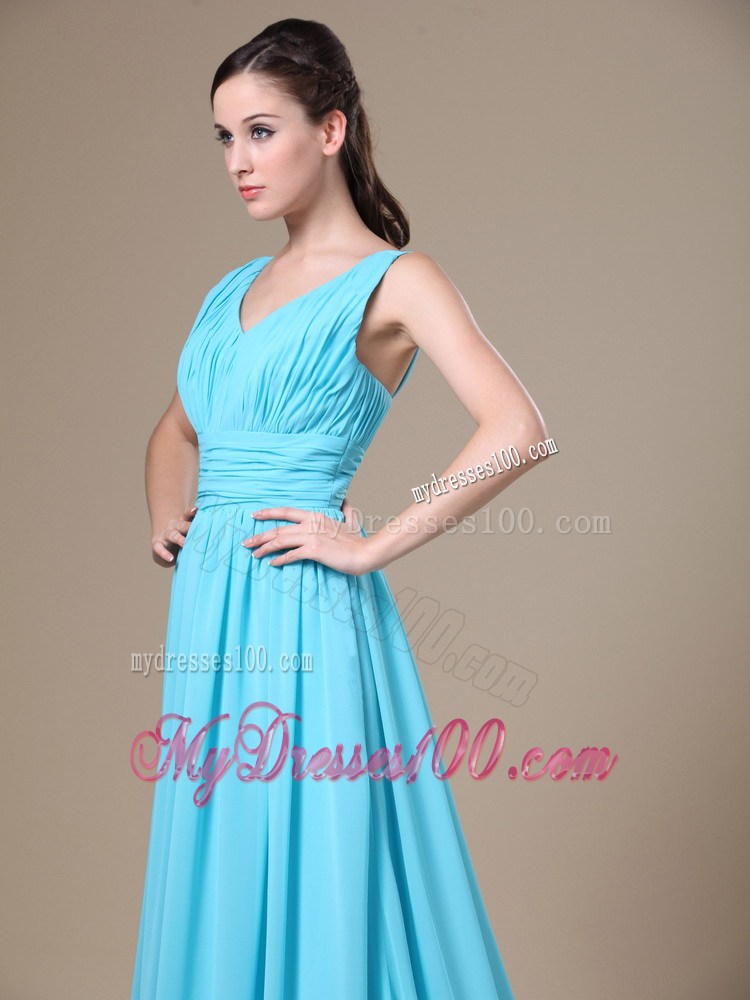 Aqua Blue V-neck Ruched Bodice For Modest Prom Formal Dress