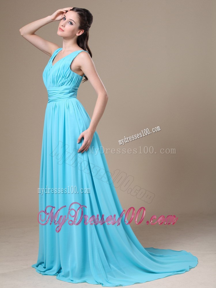 Aqua Blue V-neck Ruched Bodice For Modest Prom Formal Dress