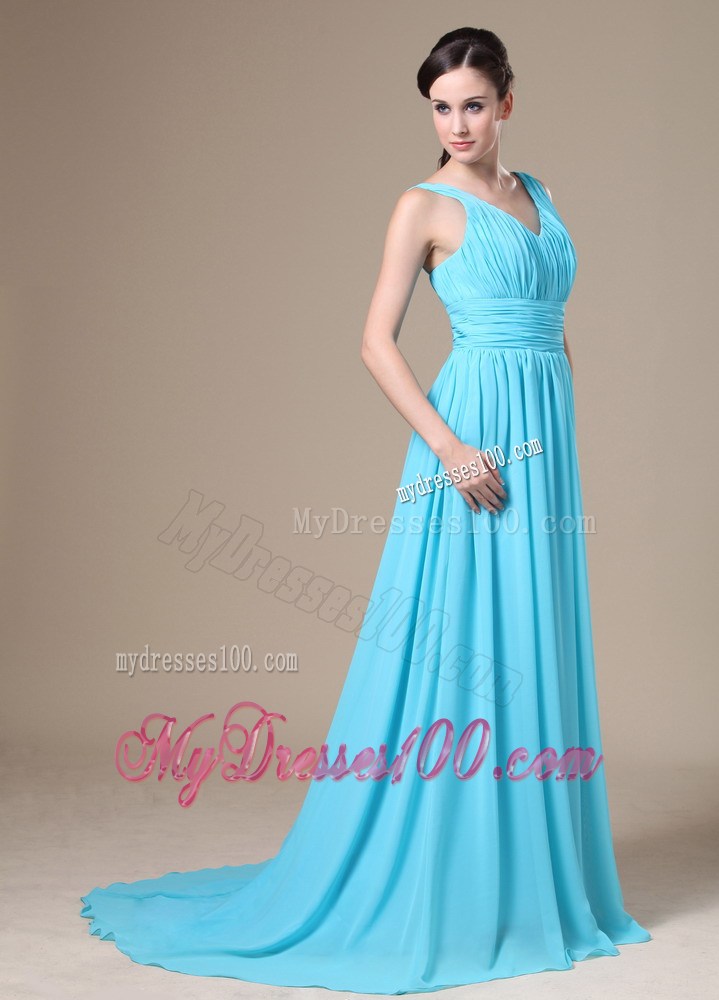 Aqua Blue V-neck Ruched Bodice For Modest Prom Formal Dress
