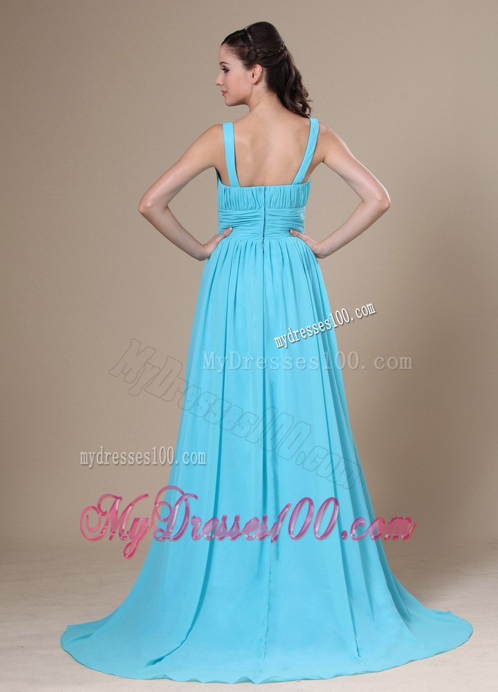 Aqua Blue V-neck Ruched Bodice For Modest Prom Formal Dress