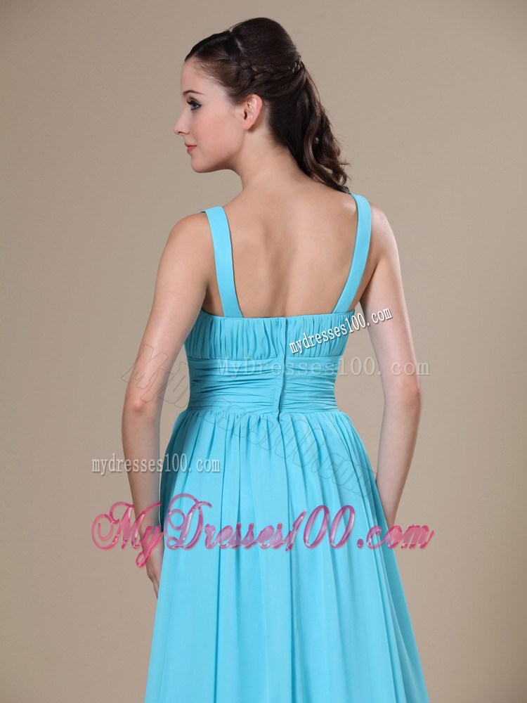 Aqua Blue V-neck Ruched Bodice For Modest Prom Formal Dress