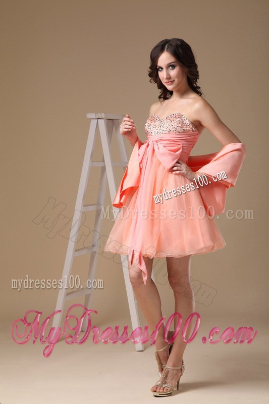 Sweetheart Watermelon Red Mini-length Beading Prom Dress