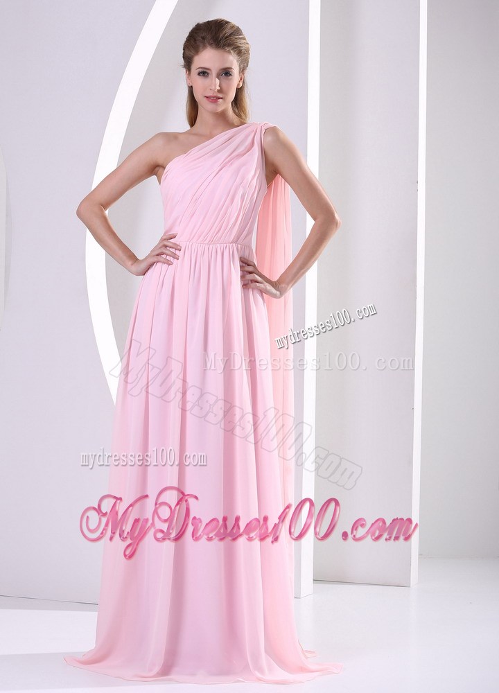 One Shoulder Baby Pink Watteau Train Ruched Bodice Prom Dress