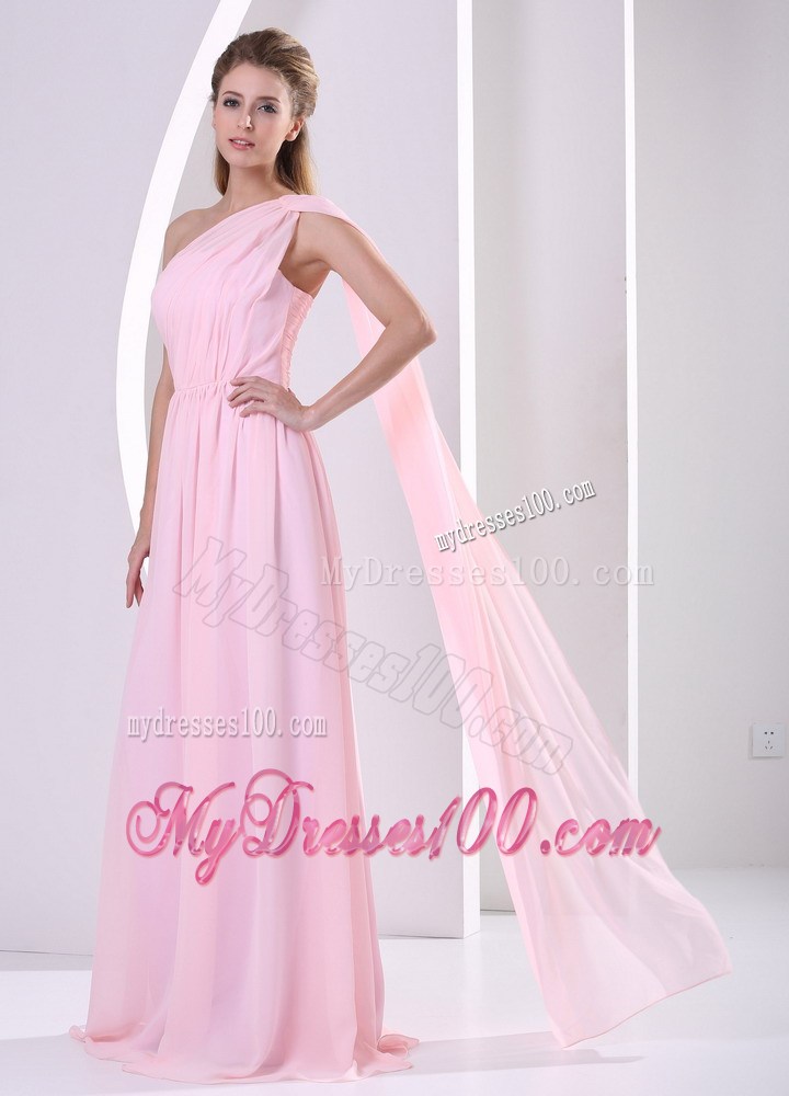 One Shoulder Baby Pink Watteau Train Ruched Bodice Prom Dress