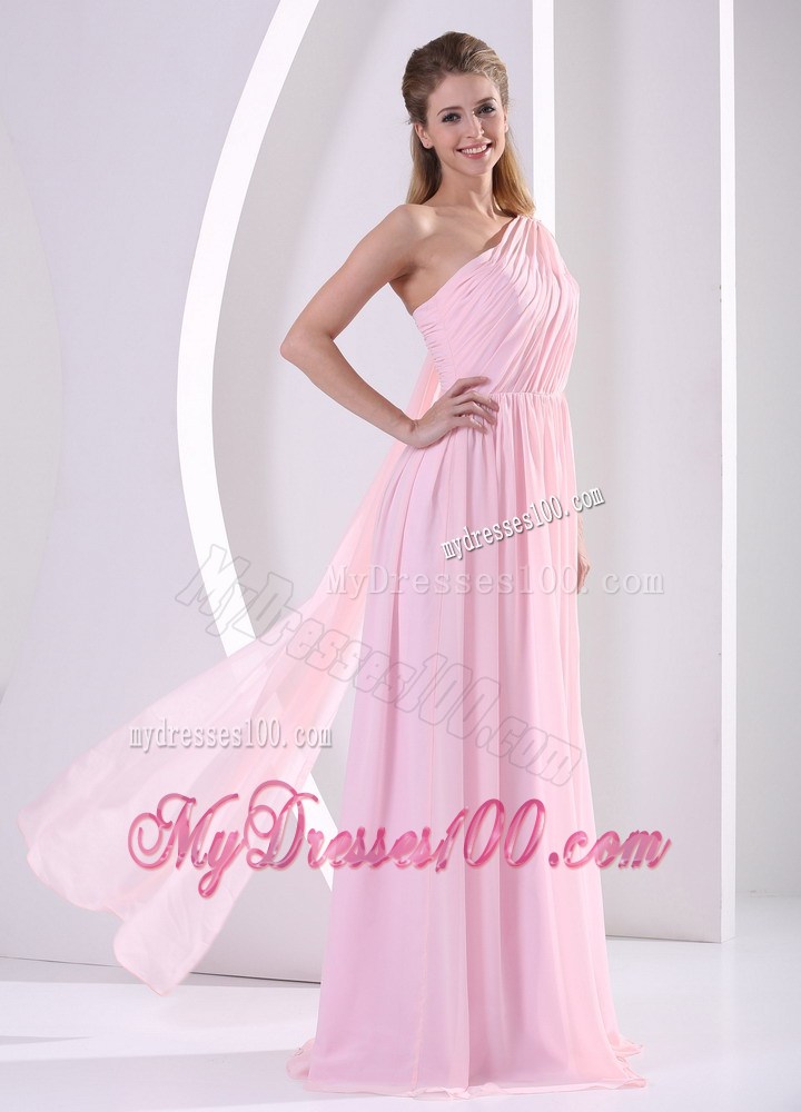 One Shoulder Baby Pink Watteau Train Ruched Bodice Prom Dress