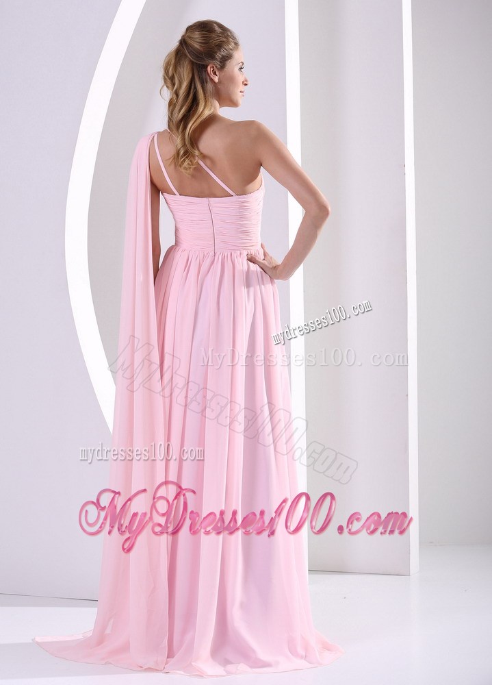 One Shoulder Baby Pink Watteau Train Ruched Bodice Prom Dress