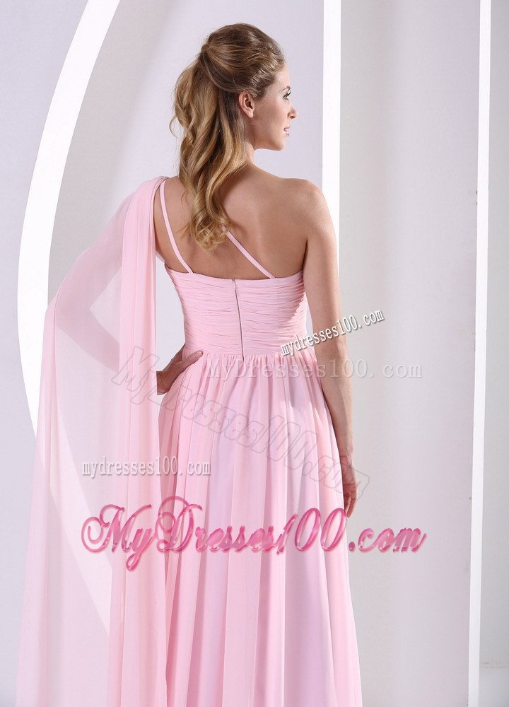 One Shoulder Baby Pink Watteau Train Ruched Bodice Prom Dress