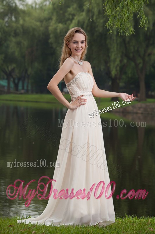 White Empire Strapless Brush Sweep Beaded Decorate Prom Dress