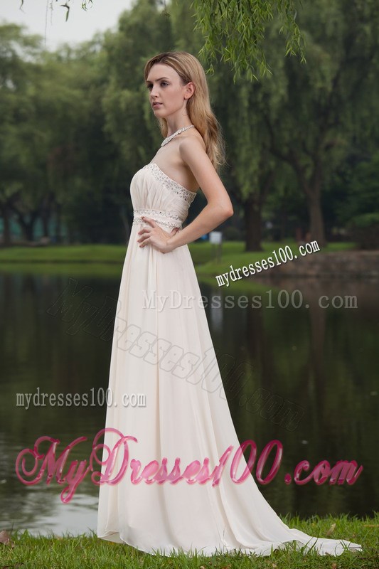 White Empire Strapless Brush Sweep Beaded Decorate Prom Dress