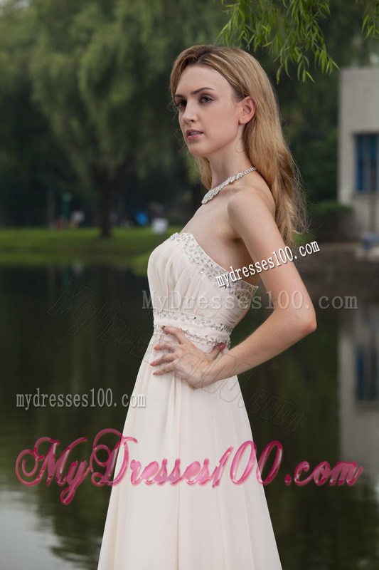 White Empire Strapless Brush Sweep Beaded Decorate Prom Dress
