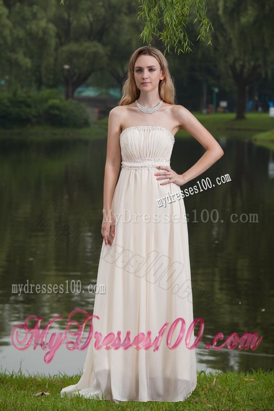 White Empire Strapless Brush Sweep Beaded Decorate Prom Dress