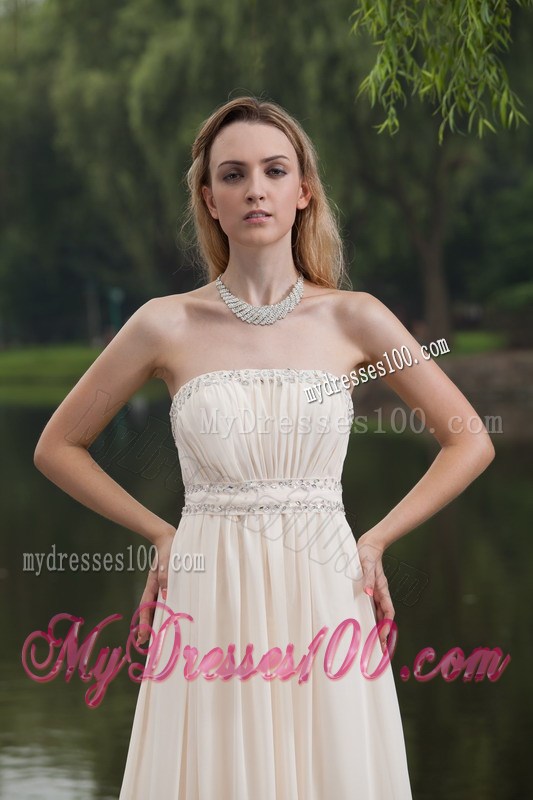 White Empire Strapless Brush Sweep Beaded Decorate Prom Dress