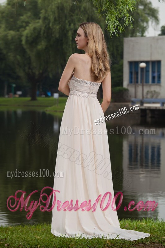 White Empire Strapless Brush Sweep Beaded Decorate Prom Dress