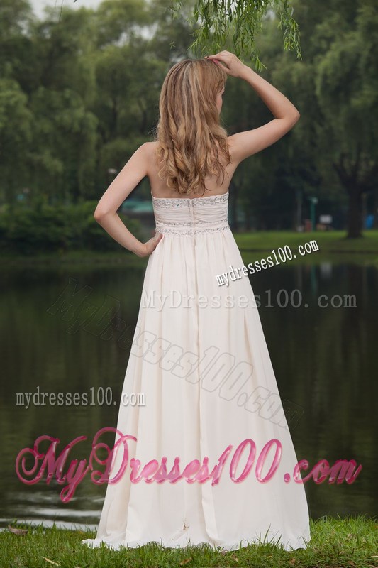 White Empire Strapless Brush Sweep Beaded Decorate Prom Dress