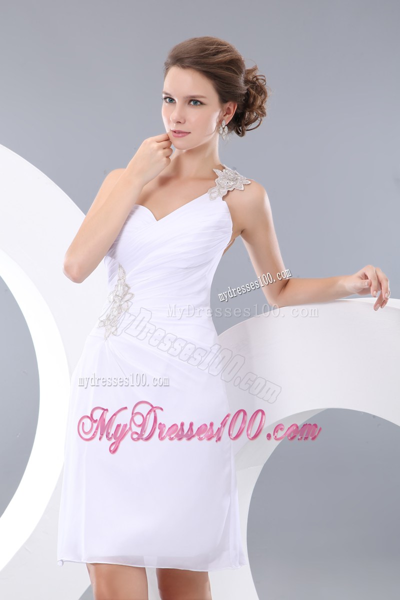 Affordable White One Shoulder Short Prom Dress with Appliques