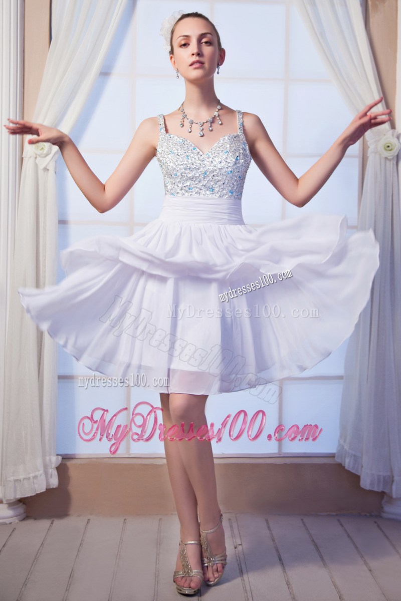 White Empire Straps Mini-length Beaded Decorate Prom Dress