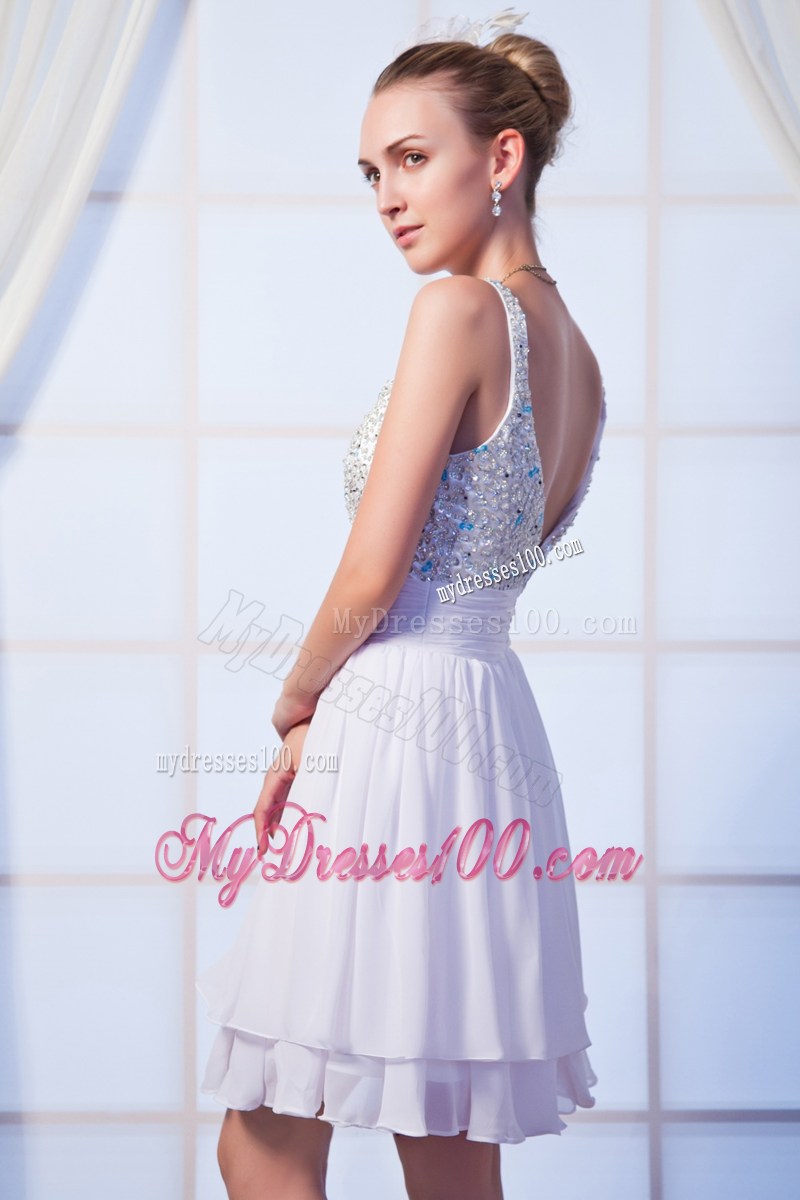 White Empire Straps Mini-length Beaded Decorate Prom Dress
