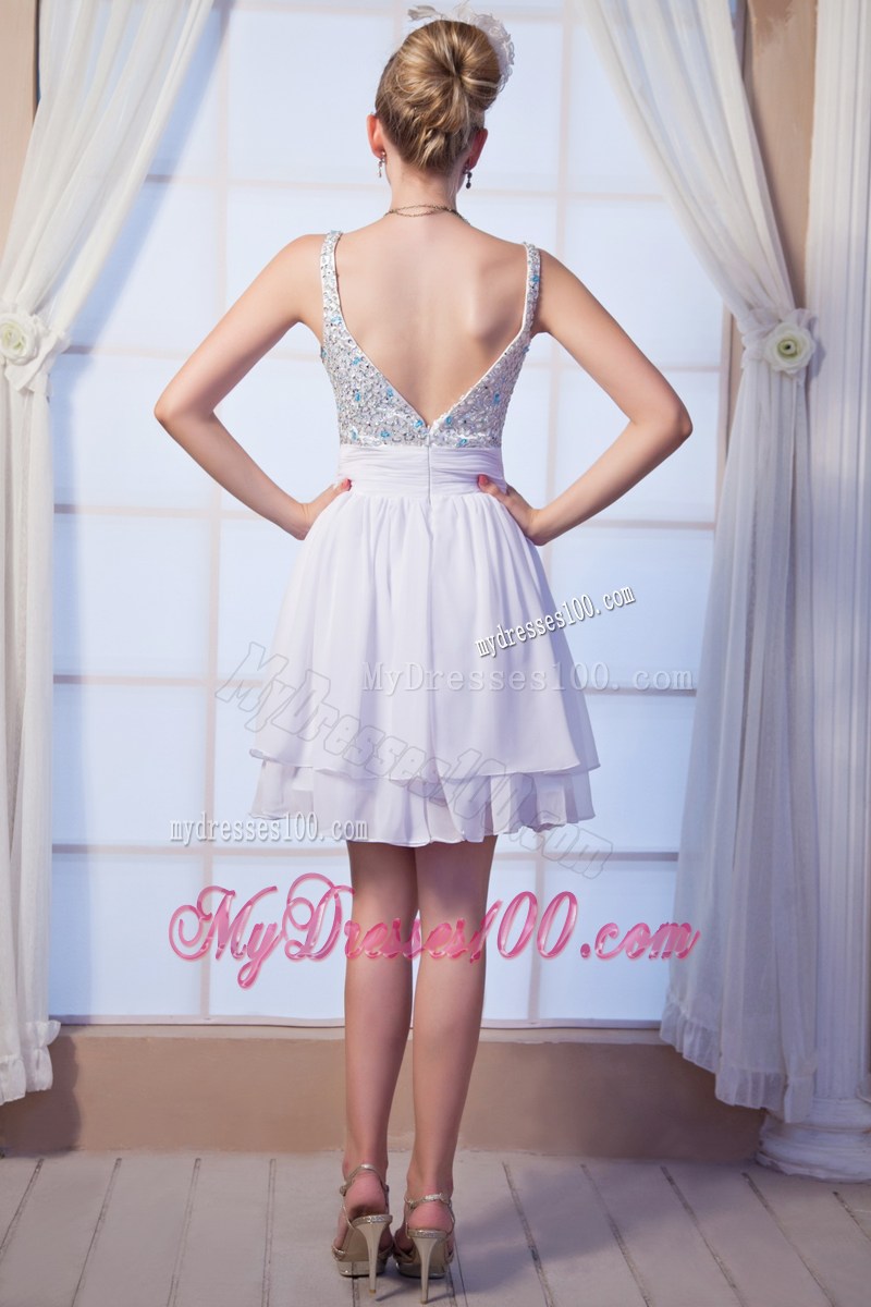 White Empire Straps Mini-length Beaded Decorate Prom Dress