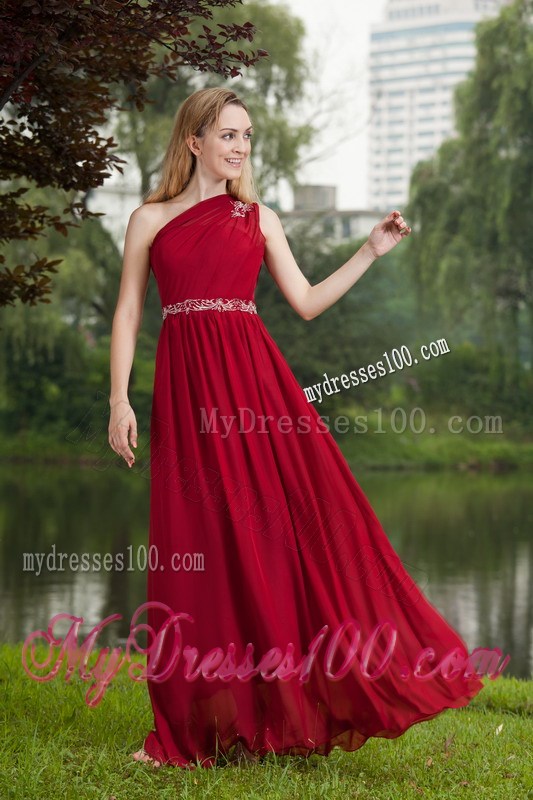 One Shoulder Wine Red Empire Beading Plus Size Prom Dress