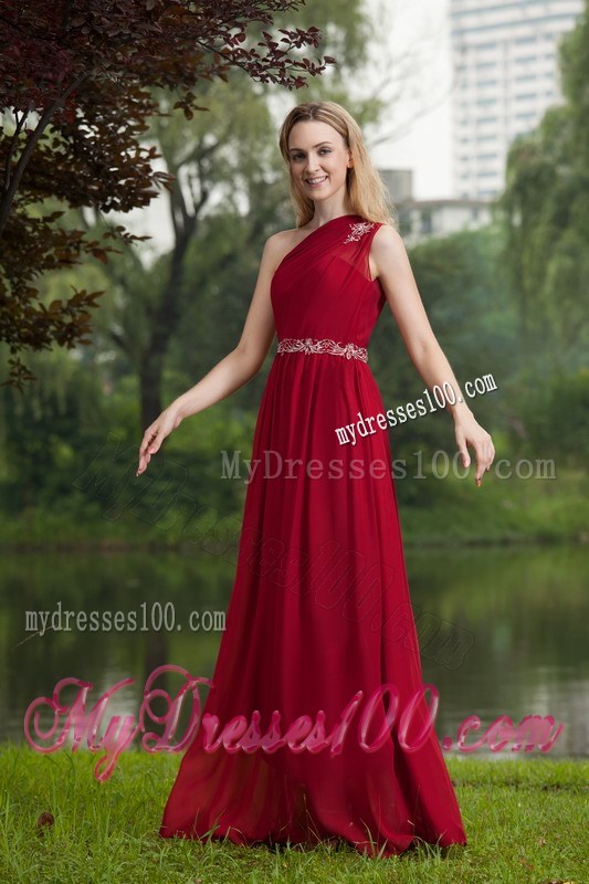 One Shoulder Wine Red Empire Beading Plus Size Prom Dress