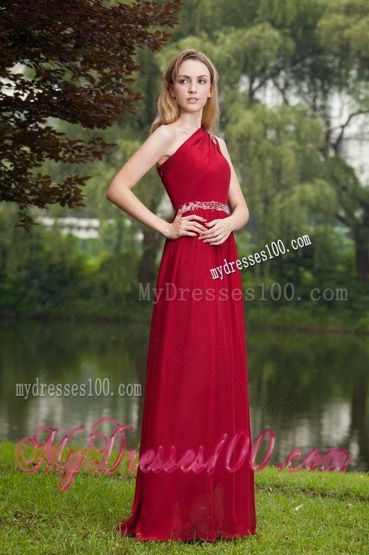 One Shoulder Wine Red Empire Beading Plus Size Prom Dress