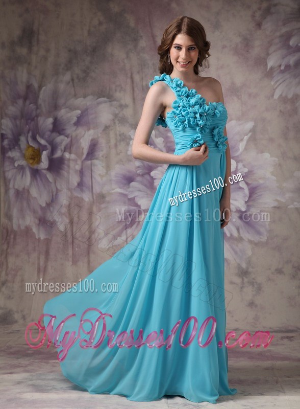 Modern Aqua Blue One Shoulder Prom Evening Dress with Hand Made Flowers