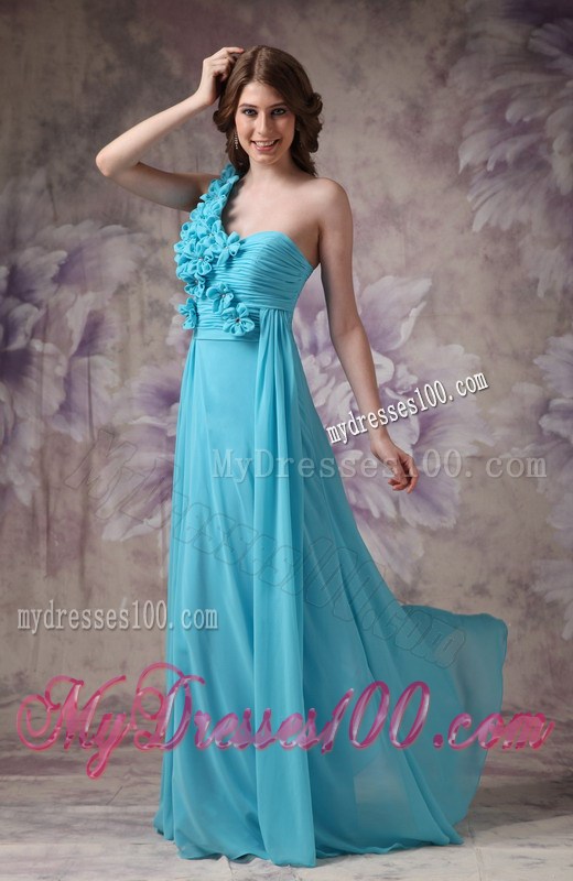 Modern Aqua Blue One Shoulder Prom Evening Dress with Hand Made Flowers