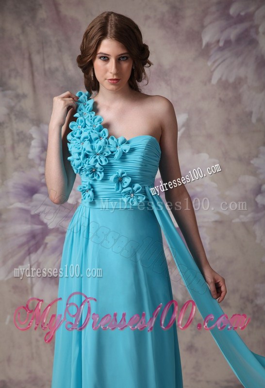 Modern Aqua Blue One Shoulder Prom Evening Dress with Hand Made Flowers
