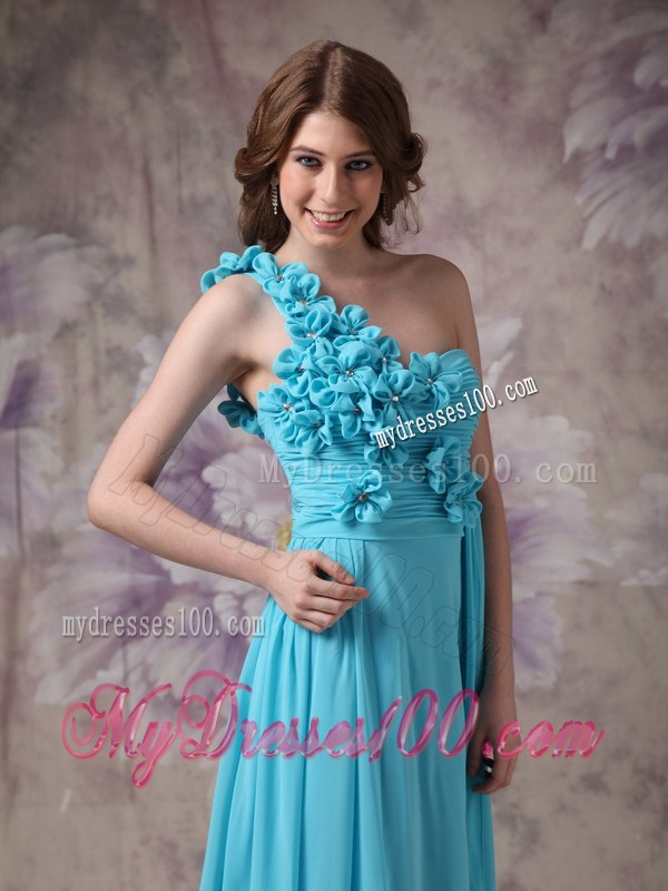 Modern Aqua Blue One Shoulder Prom Evening Dress with Hand Made Flowers