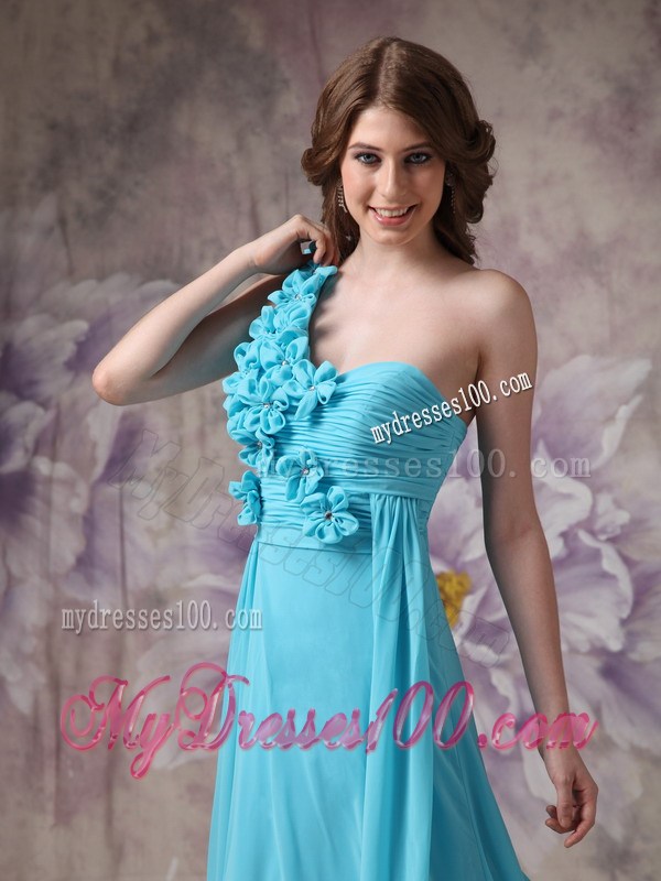 Modern Aqua Blue One Shoulder Prom Evening Dress with Hand Made Flowers