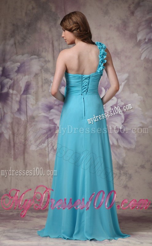 Modern Aqua Blue One Shoulder Prom Evening Dress with Hand Made Flowers