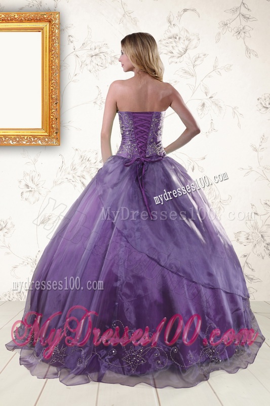 2016 Discount Purple Strapless Appliques Quinceanera Dresses