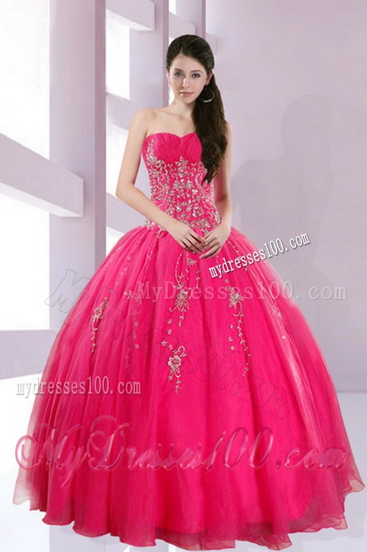 2016 Fshionable Strapless Hot Pink Quinceanera Dresses with Appliques