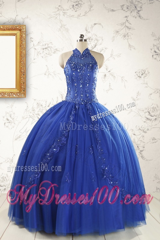 2016 Halter Top Appliques and Beading Sweet 15 Dresses in Royal Blue