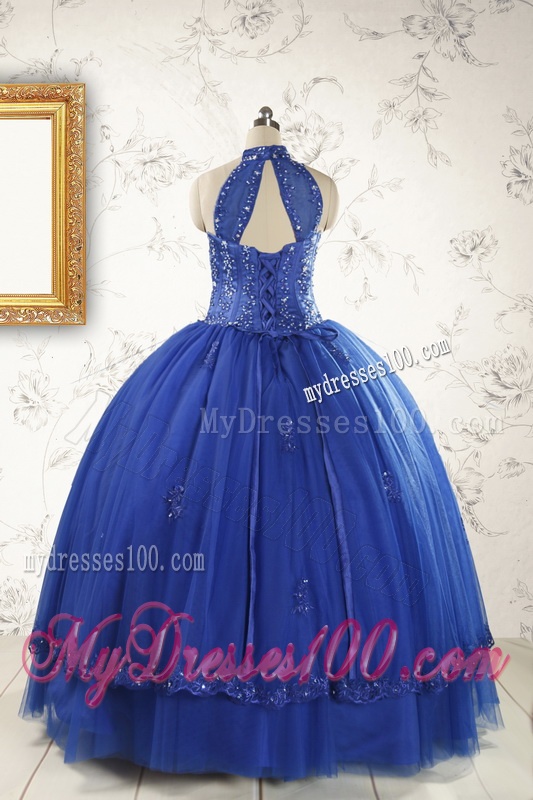 2016 Halter Top Appliques and Beading Sweet 15 Dresses in Royal Blue
