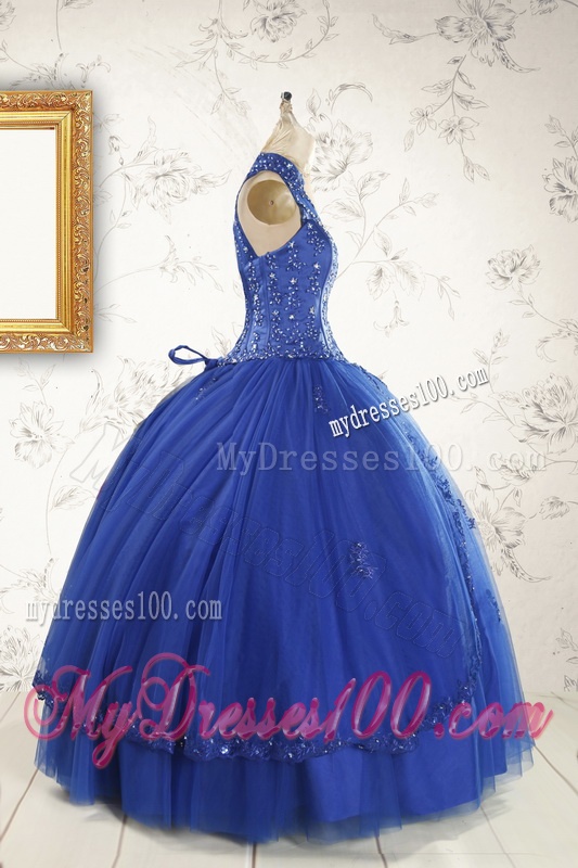 2016 Halter Top Appliques and Beading Sweet 15 Dresses in Royal Blue