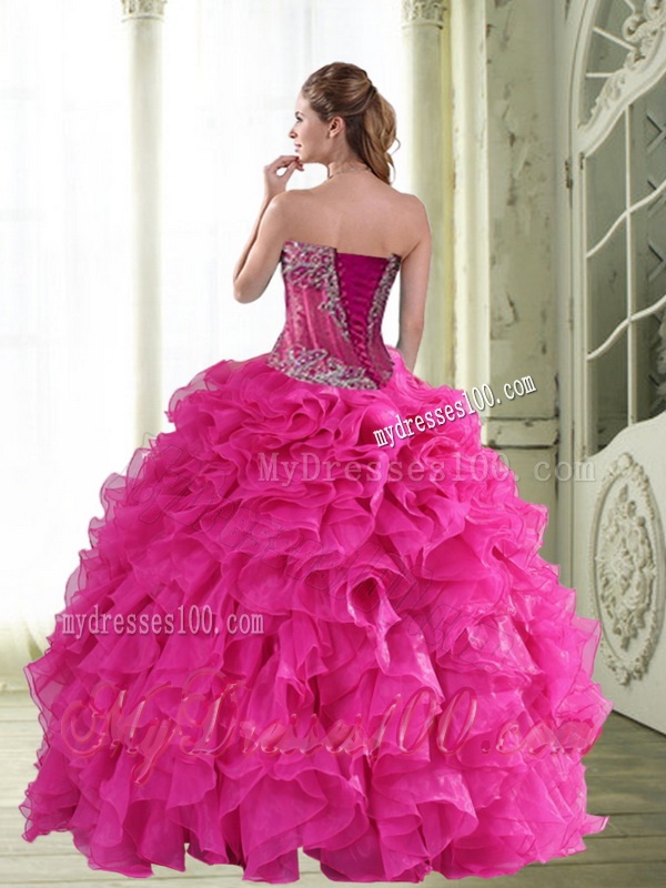 2016 New Style Beading and Ruffles Sweetheart Quinceanera Dresses in Hot Pink