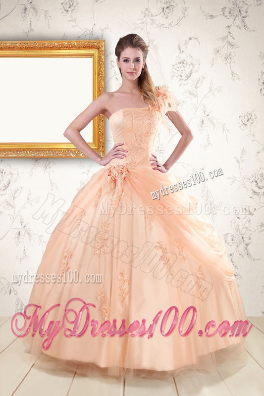 2016 Pretty One Shoulder Appliques Quinceanera Dress in Peach