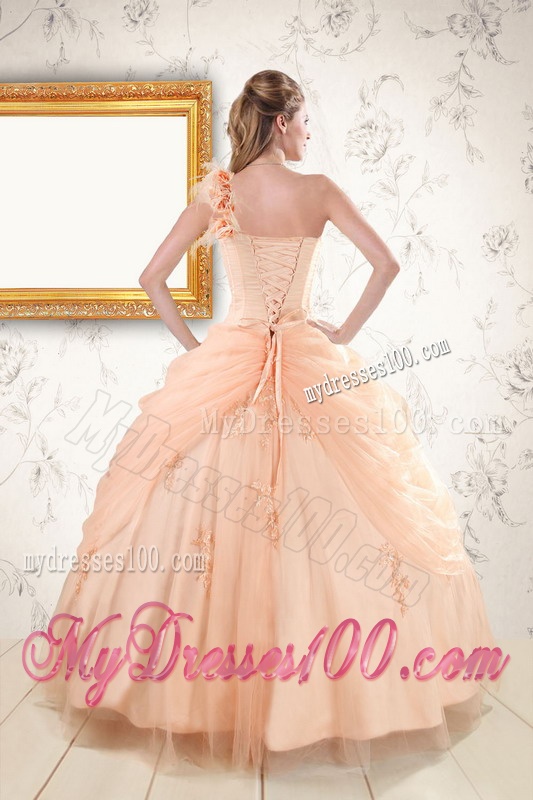 2016 Pretty One Shoulder Appliques Quinceanera Dress in Peach