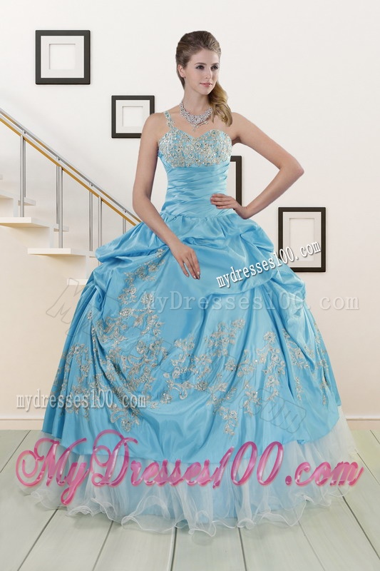 2016 Pretty One Shoulder Appliques and Beaded Quinceanera Dresses in Aqua Blue
