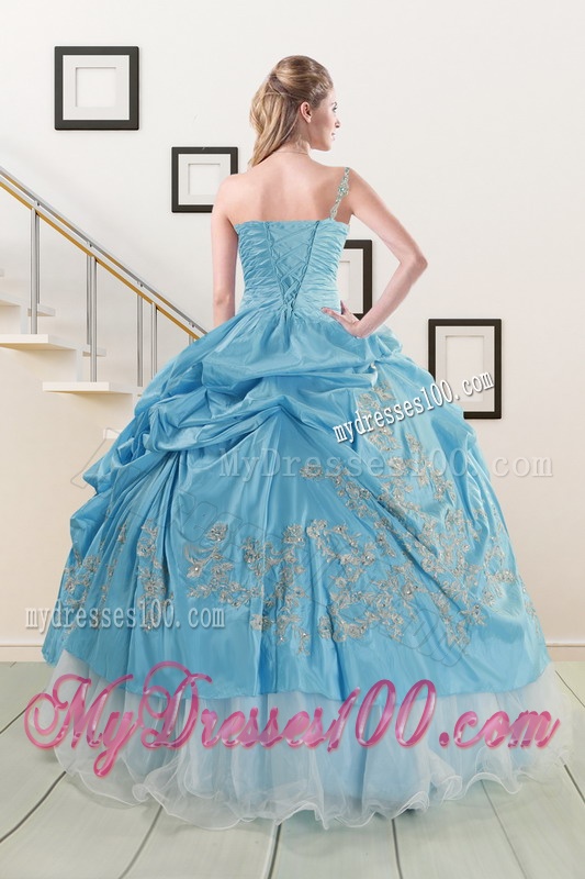 2016 Pretty One Shoulder Appliques and Beaded Quinceanera Dresses in Aqua Blue