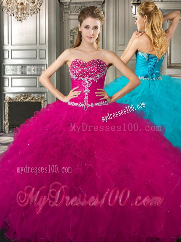 Affordable Beaded and Ruffled Fuchsia Sweet 16 Dress in Tulle