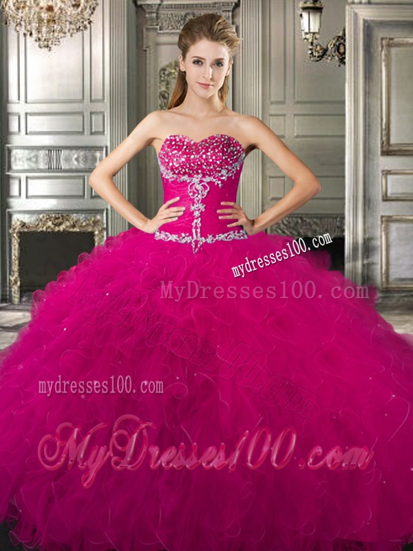 Affordable Beaded and Ruffled Fuchsia Sweet 16 Dress in Tulle