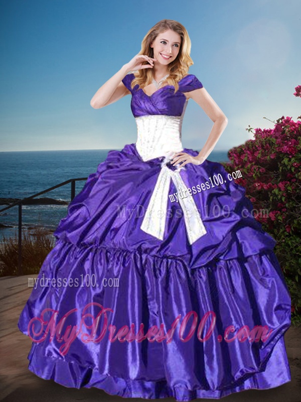 Affordable Off the Shoulder Cap Sleeves Quinceanera Gown with Belt and Pick Ups