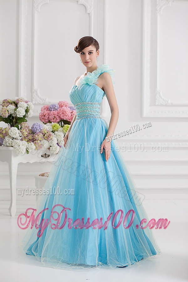 Beautiful A-line One Shoulder Ruching and Beading Aqua Blue Quinceanera Dress