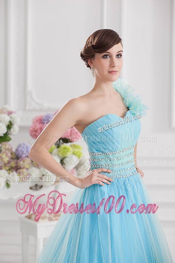 Beautiful A-line One Shoulder Ruching and Beading Aqua Blue Quinceanera Dress